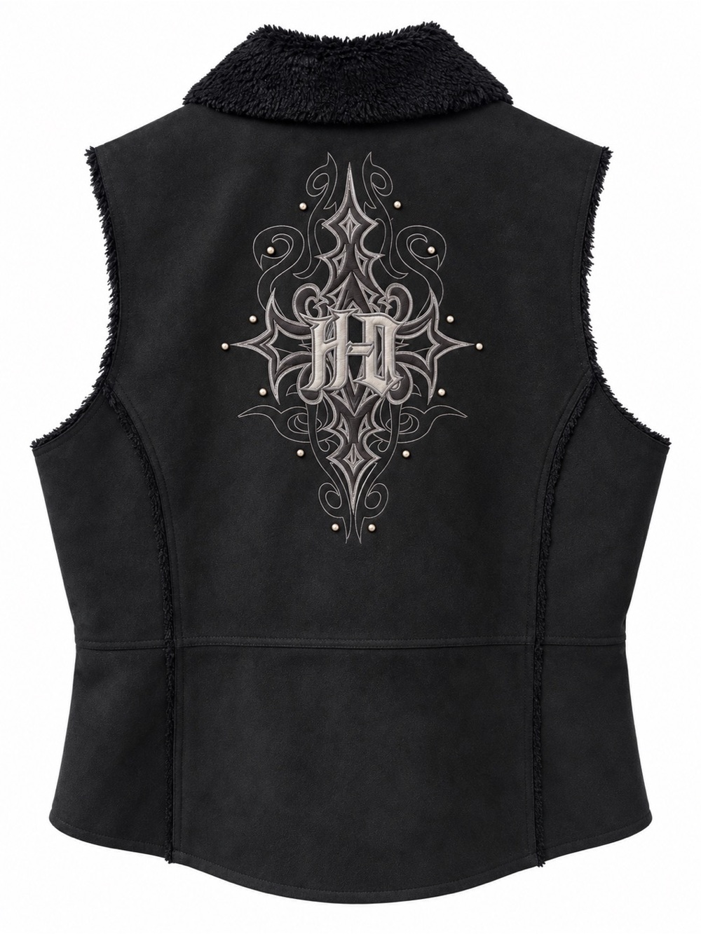 Harley-Davidson Black Embroidered Studded Faux Fur Lined Biker Vest